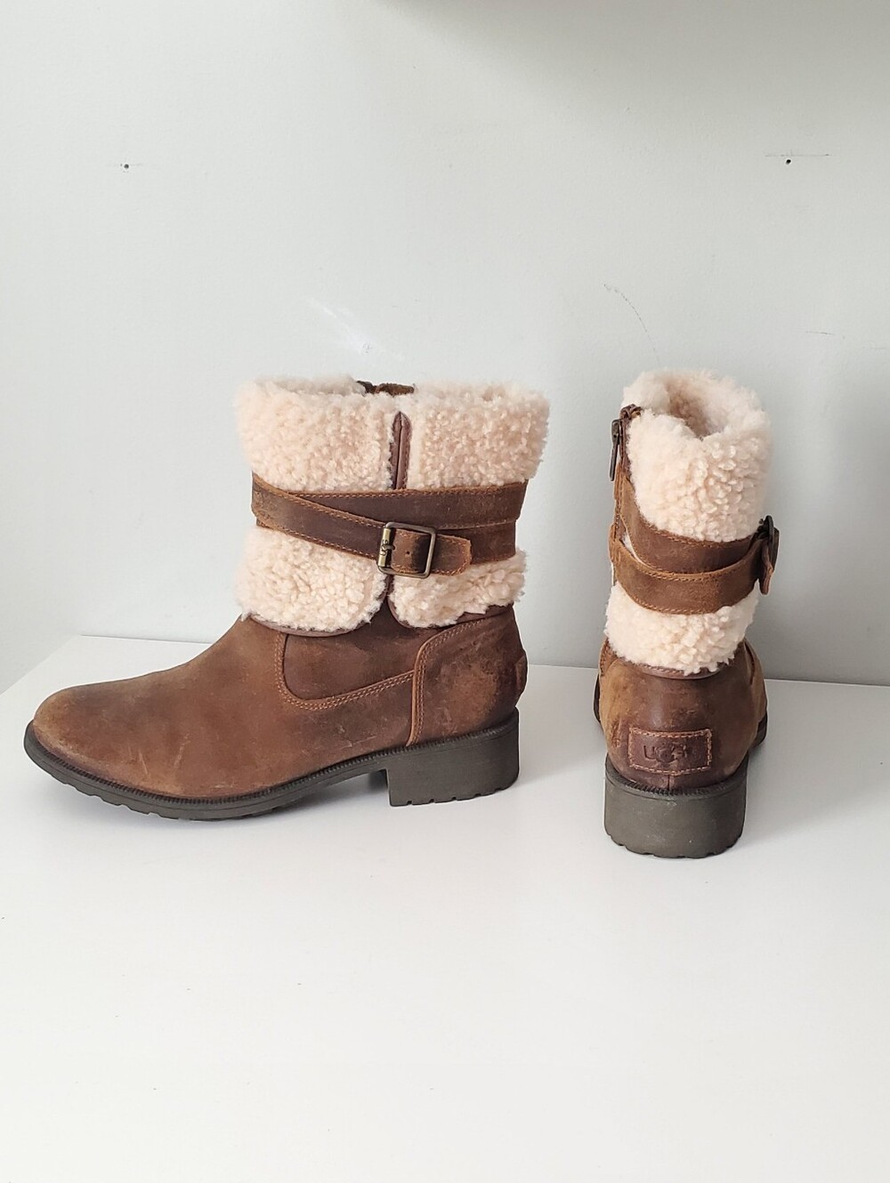 UGG Brown Suede Short Shearling-Cuff Boots